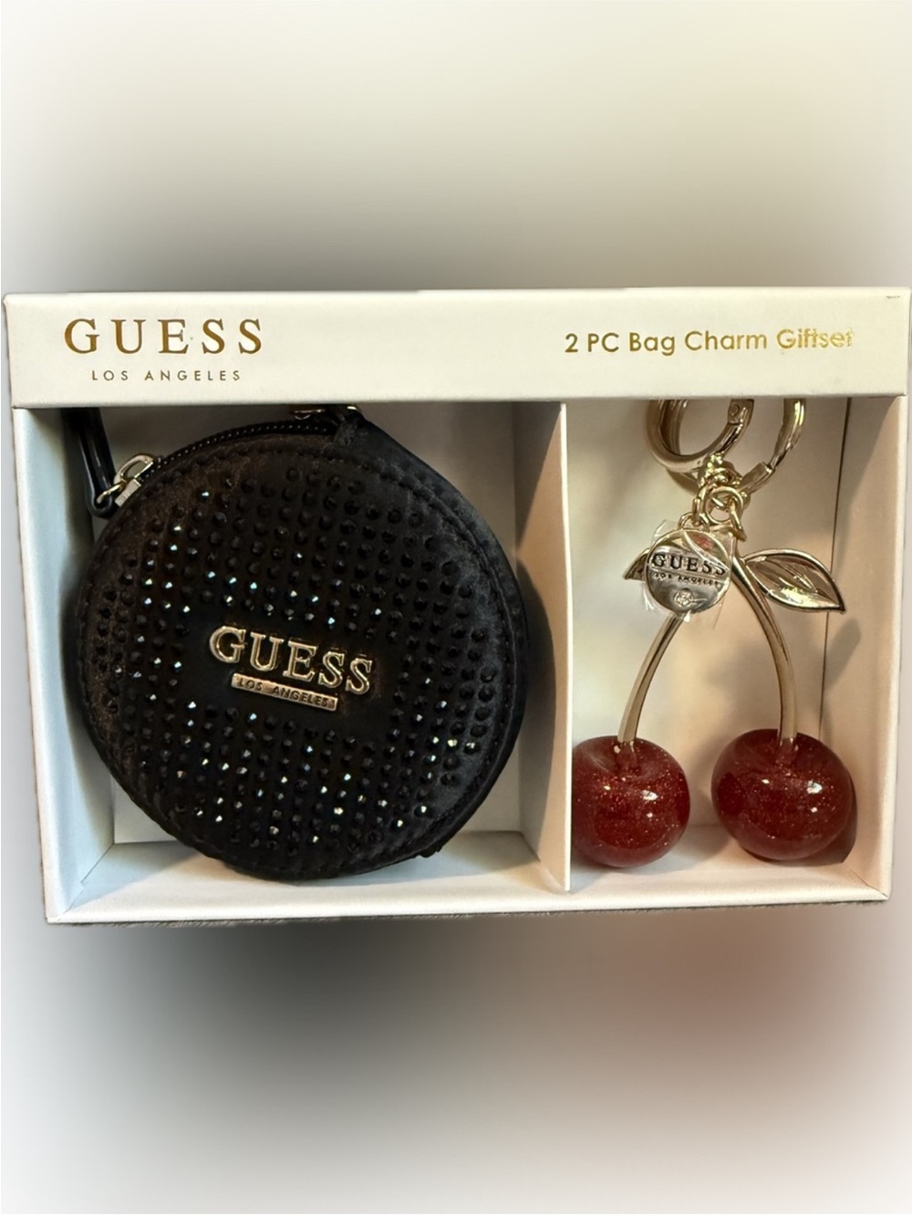 GUESS Black Crystal Coin Pouch with Red Cherry Charm Set NIB - Picture 3 of 4